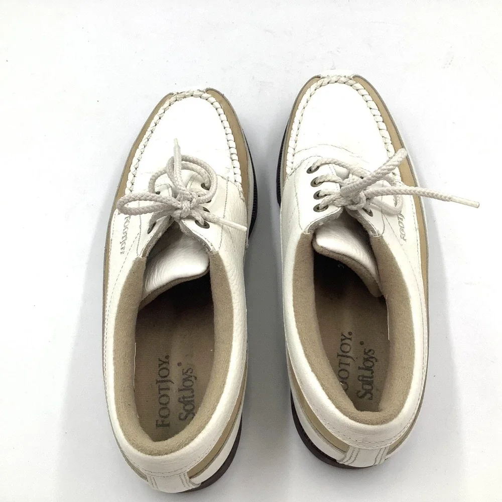 Footjoy Golf Shoes 98512 Ladies 7.5 M‎ White Tan Stripe Leather Pebble Womens